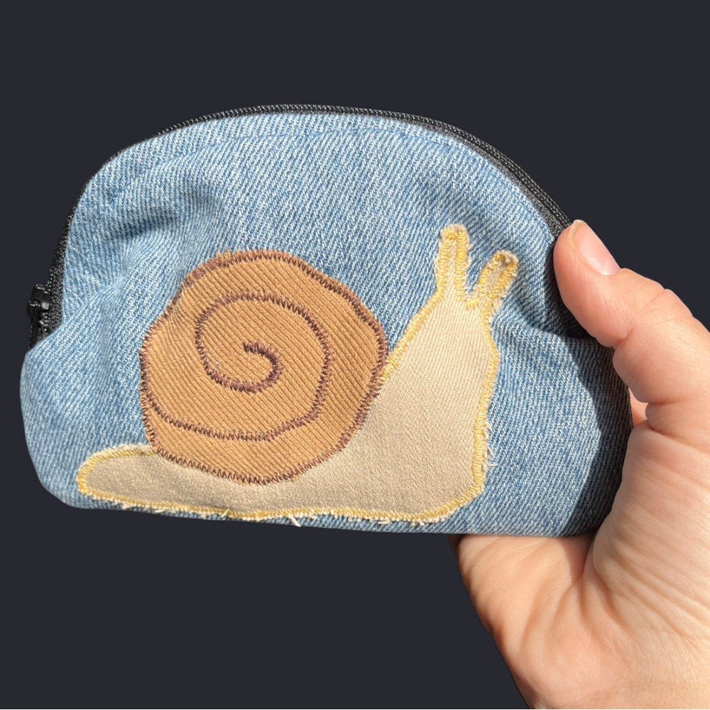 Handmade Denim Snail Appliqué Zippered Bag- Blue & Tan